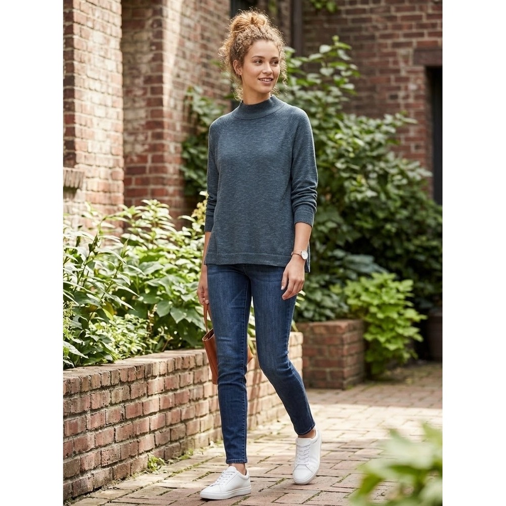 Eileen Fisher Organic Linen Cotton Mock Neck Raglan Sweater Blue Gray Small